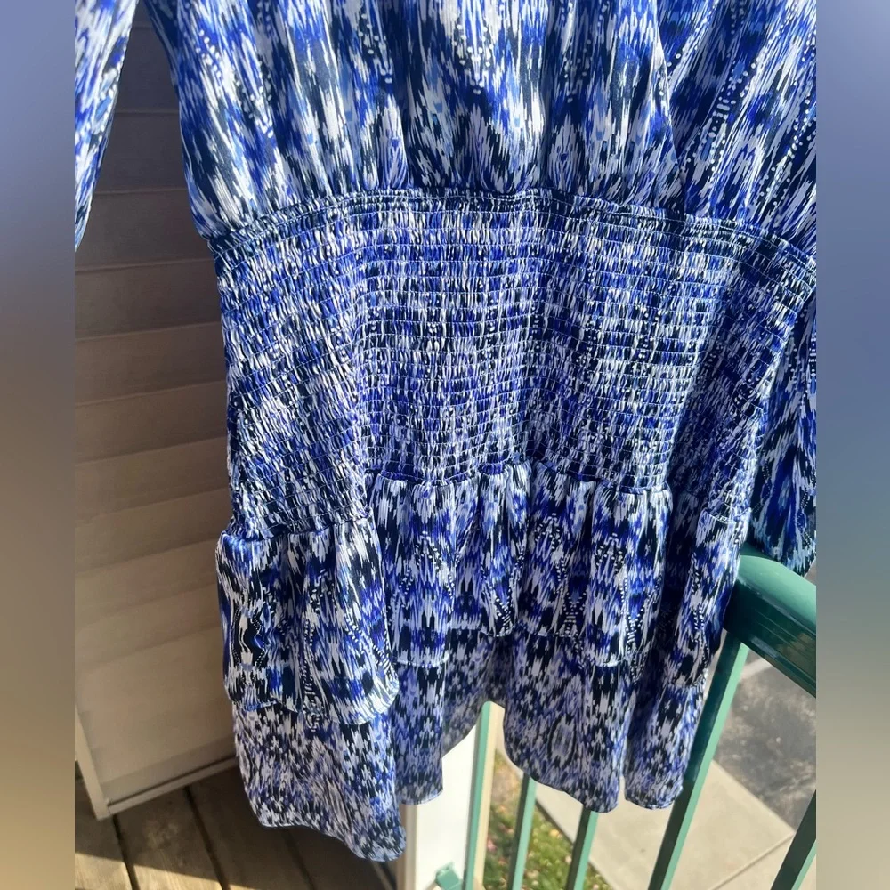 🆕🦋AQUA Blue Ikat Print Smocked Tiered Mini Dress Size XXL Boho Chicupoo Casual
